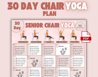 Ejercicios de 30 días para personas mayores, póster de yoga en silla y tabla de yoga imprimible