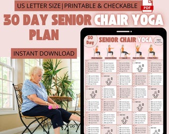 Yoga en silla de 30 días para personas mayores: póster imprimible y tabla de ejercicios