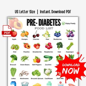 Peut inclure: Une liste de régime imprimable au format PDF intitulée « LISTE D'ALIMENTS POUR LE PRÉ-DIABÈTE ». La liste présente des illustrations de divers fruits et légumes, notamment des pommes, des oranges, des cerises, des poires, des myrtilles, des prunes, des kiwis, des pêches, des fraises et des framboises.