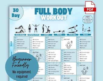 30 Day No Equipment Full Body Workout | Guide for Toning, Lifting & Strength | Home Friendly Fitness Planner | Gym Exercises for Whole Body