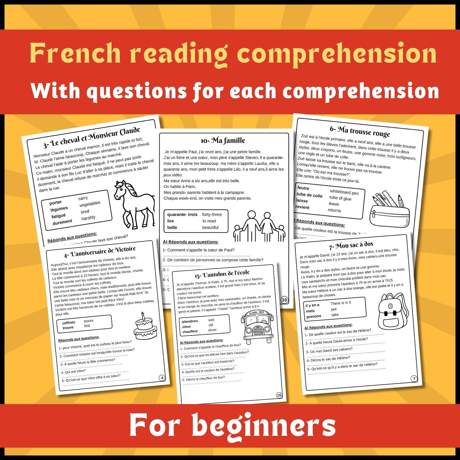 French Reading Comprehension Worksheets for Beginners | 22 Short Texts ...