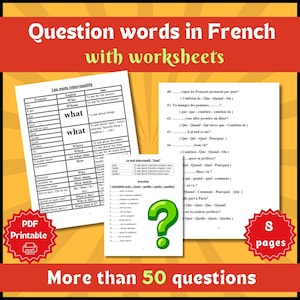 Puede incluir: Conjunto de hojas de trabajo imprimibles educativas para aprender palabras interrogativas en francés. La imagen muestra varias páginas con vocabulario en francés e inglés, ejemplos y ejercicios. También se incluye un gráfico de signo de interrogación verde.