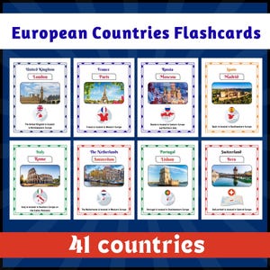 Op de afbeelding: Een set flashcards getiteld "European Countries Flashcards" met afbeeldingen van bezienswaardigheden en vlaggen uit verschillende Europese steden, waaronder Londen, Parijs, Moskou en Madrid. De tekst onderaan luidt "41 landen".