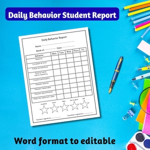 Puede incluir: Un formulario blanco de "Daily Behavior Student Report" con un encabezado y texto azules. El formulario incluye secciones para el comportamiento y una escala de calificación. Un bolígrafo azul y dorado y útiles escolares coloridos sobre un fondo azul.