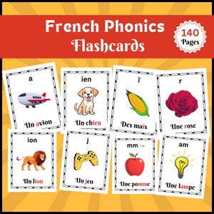 Puede incluir: Un conjunto de tarjetas didácticas de fonética francesa con ilustraciones y palabras. Las tarjetas muestran imágenes de un avión, perro, maíz, rosa, león, mando de videojuegos, manzana y bombilla. El texto "French Phonics Flashcards" está en la parte superior.