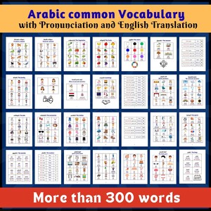 May include: A blue poster with the title "Arabic common Vocabulary with Pronunciation and English Translation." The poster contains multiple flashcards with illustrations and Arabic and English words. The bottom of the poster reads "More than 300 words."