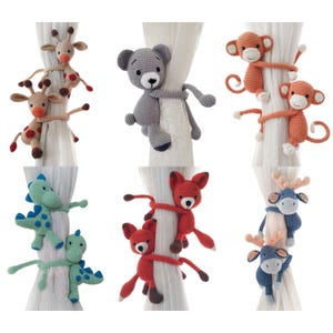 Amigurumi Nursery Curtain Tie Back, House Elf, Monkey, Lion, Elephant, Deer, Bear, Giraffe, Fox, Zebra, Sloth, Unicorn, Dinosaur, Tiger