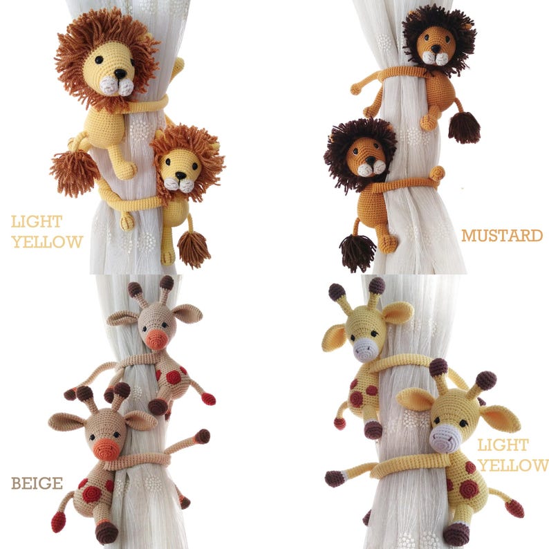 May include: Crocheted animal curtain tiebacks in beige, light yellow, and mustard yellow. The tiebacks feature a lion and giraffe design.