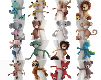 Safary Nursery Decor Babyshower Gift Curtain Tie Back Holder Deer Giraffe Lion Fox Bear Elephant Dinosaur Monkey Handmade Amigurumi Knitted