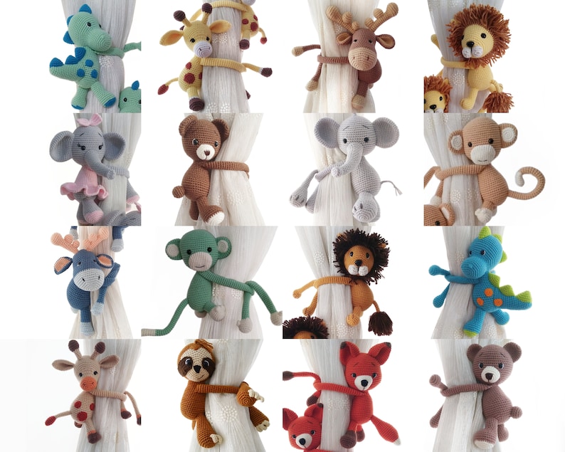 May include: A collection of 16 crocheted animal curtain tiebacks in various colours and designs, including a lion, elephant, monkey, dinosaur, reindeer, sloth, fox, and bear.