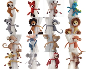 Curtain Tieback Holder Safary Nursery Decor Deer Giraffe Lion Fox Bear Elephant Dinosaur Monkey Knitting Babyshower Gift Handmade Amigurumi