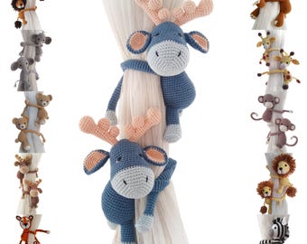 Crochet Blue Reindeer Curtain Tie for Nursery Decor, Safari Themed Babyshower Gift