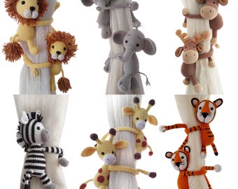 Safari Nursery Decor Curtain Tie Back Holder Deer Giraffe Lion Fox Bear Elephant Dinosaur Monkey Handmade Amigurumi Knitted Babyshower Gift