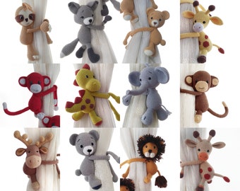 Safary Nursery Decor Babyshower Gift Curtain Tie Back Holder Deer Giraffe Lion Fox Bear Elephant Dinosaur Monkey Knitted Handmade Amigurumi