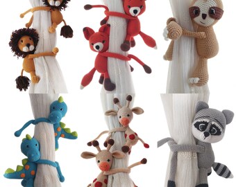 Safary Nursery Decor, Curtain Tie Back Holder Animals, Giraffe Lion Bear Elephant Dinosaur Monkey Handmade Knitted Amigurumi Babyshower Gift