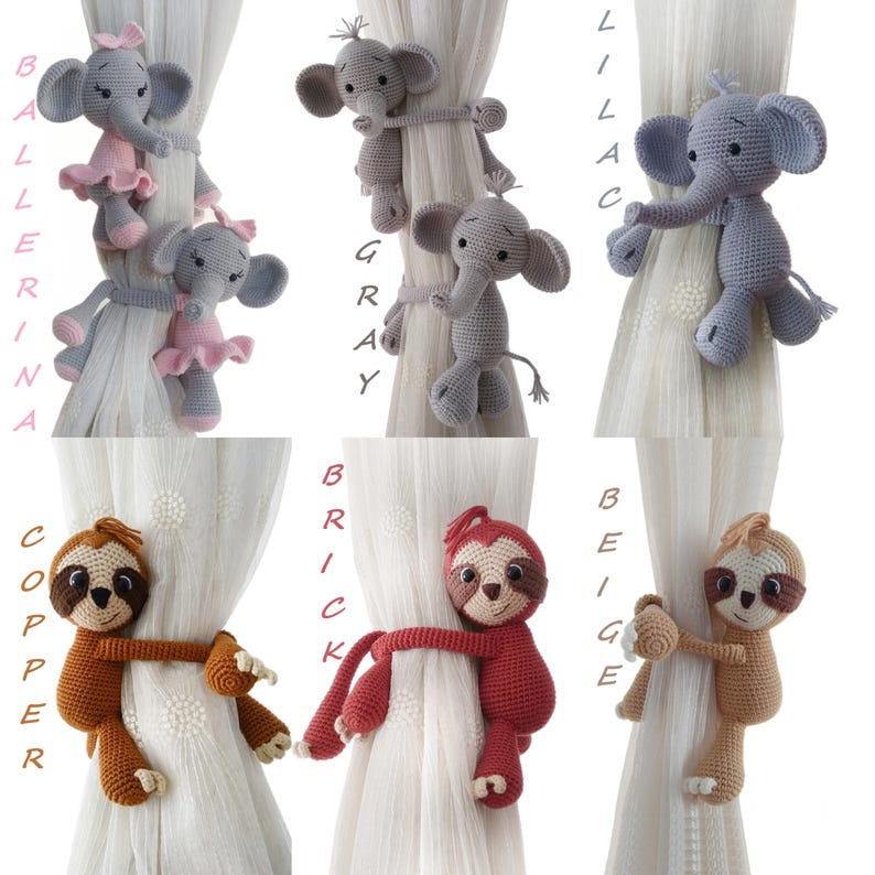 May include: Set of six crocheted animal curtain tiebacks. The tiebacks are in the shapes of elephants and sloths. The elephants are in ballerina, grey, and lilac colours. The sloths are in copper, brick, and beige colours.