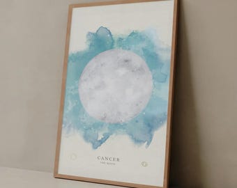 Cancer Zodiac Print: Watercolor Astrology Art, Moon Phase Decor