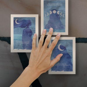 Set di 3 carte per altare con fasi lunari - Arte spirituale femminile, Oracolo femminile divino, Decorazione del ciclo lunare, Stampa di affermazioni ad acquerello