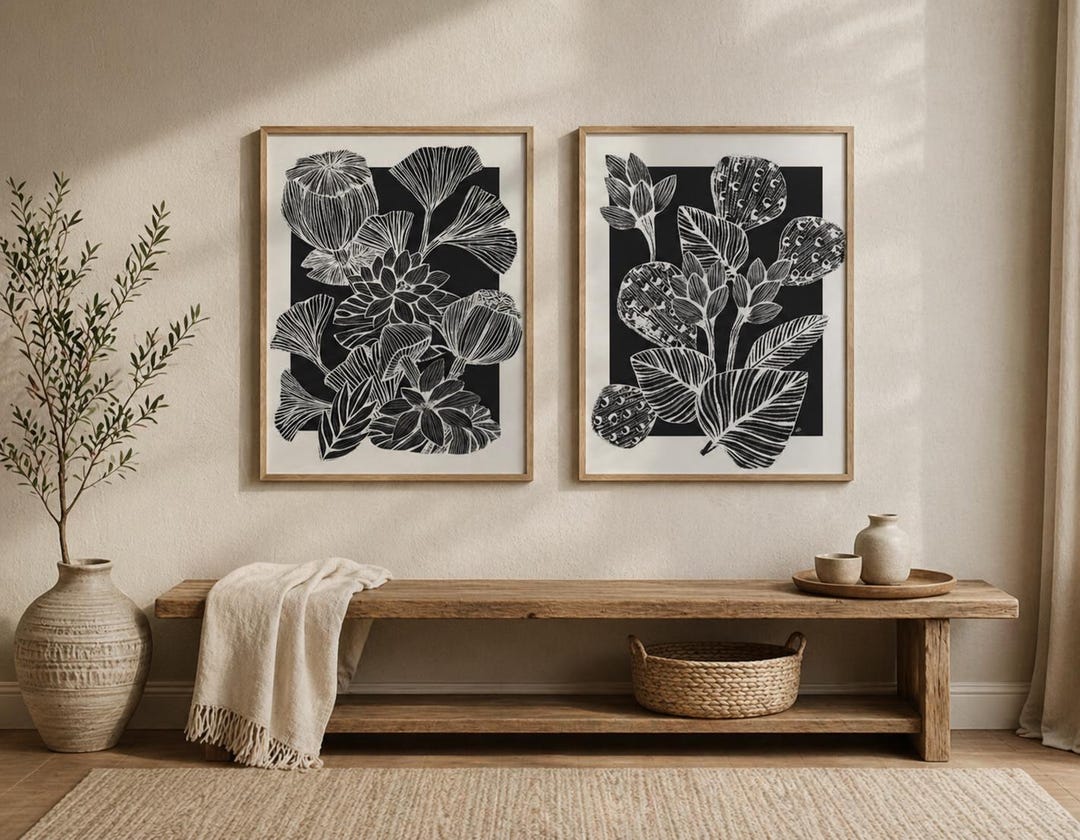 Black and White Botanical Prints Set: Minimalist Floral Line Art - Etsy