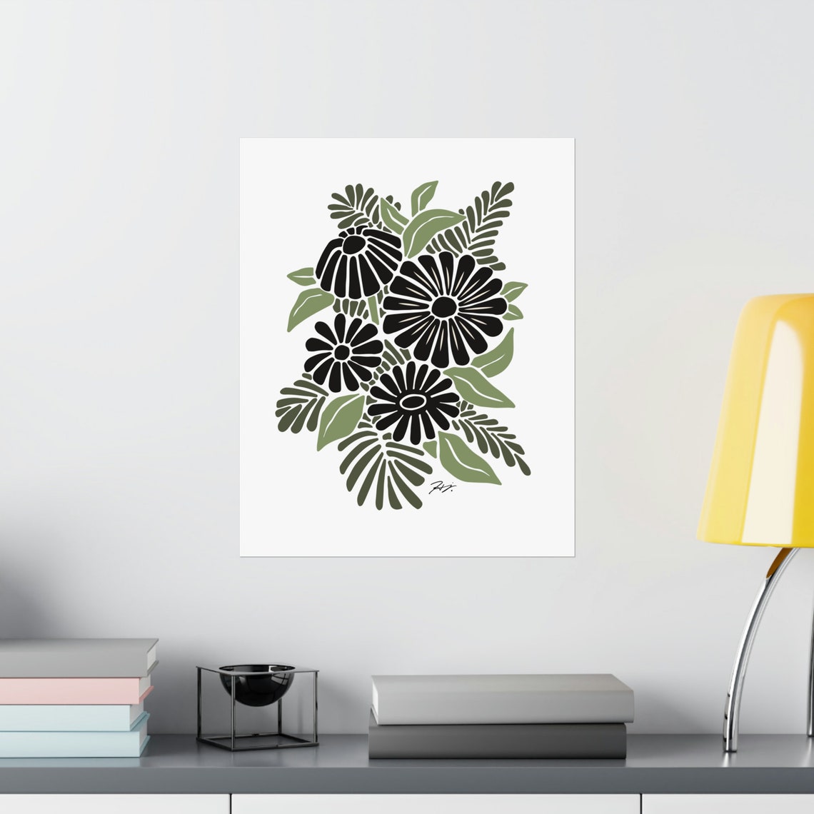 Floral Art Print, Contemporary Abstract Art, Black and White With Green ...