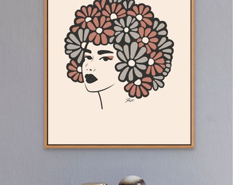 Boho Flower Hair Art Print, Flower Art, Woman Portrait Wall Decor, Bohemian Decor Wall Art