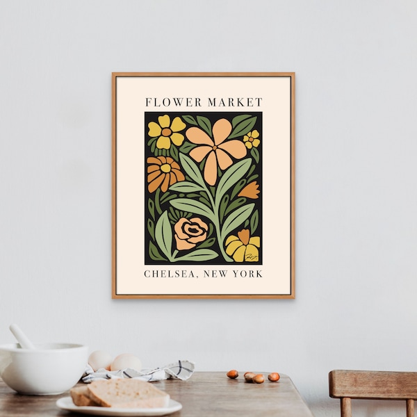 Flower Market NYC Boho Style Art Print, Flower Art, Floral Wall Decor, Flower Garden Decor Wall Art