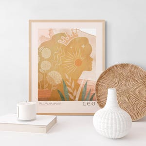 Decorazione murale con il segno zodiacale del Leone / Stampa botanica luminosa del Leone / Decorazione con il segno di fuoco per regine e creativi