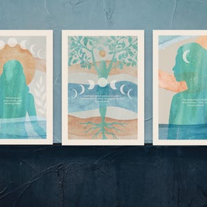 Set di stampe artistiche rituali lunari / Carte sacre dell'energia femminile / Connessione celeste tra acqua e terra / Decorazione murale intuitiva per altare o casa