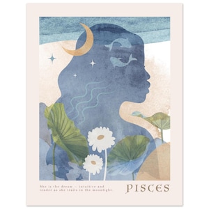 Arte mural del zodiaco Piscis / Impresión botánica de ensueño de Piscis / Decoración astrológica femenina para espacios sagrados