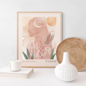 Arte de parede do signo de Virgem | Estampa botânica de Virgem | Decoração astrológica feminina do signo de Terra
