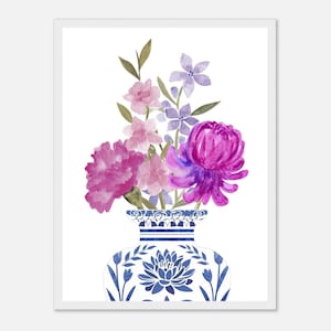 Stampa artistica personalizzata con vaso di fiori di nascita Chinoiserie - Regalo personalizzato per la festa della mamma con fiori botanici mensili - Arte murale floreale ad acquerello