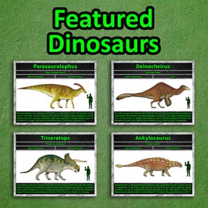 Sample of Total Dino's 2027 calendar featured dinosaurs, including Parasaurolophus, Deinocheirus, Triceratops, and Ankylosaurus