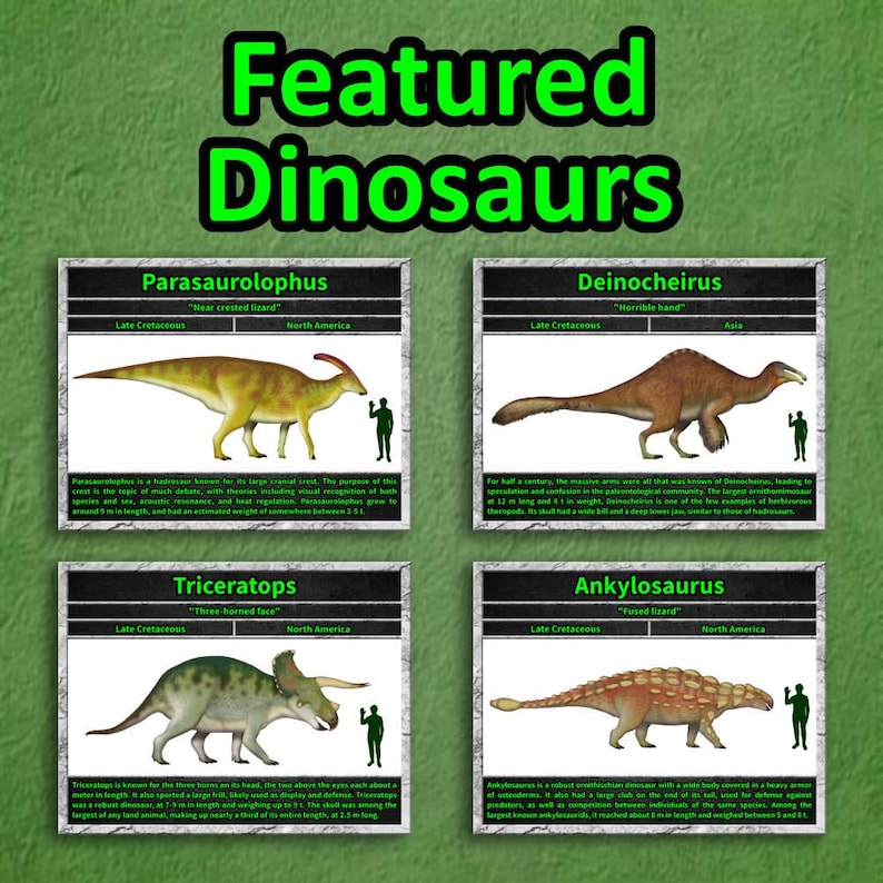 Sample of Total Dino's 2027 calendar featured dinosaurs, including Parasaurolophus, Deinocheirus, Triceratops, and Ankylosaurus