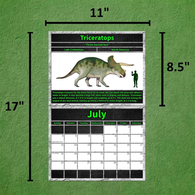 Total Dino's 2027 wall calendar July featuring Triceratops, displaying measurements of 11 x 17 inch full spread, with 8.5 inch top section