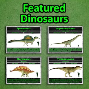 Sample of Total Dino's 2027 calendar featured dinosaurs, including Spinosaurus, Argentinosaurus, Stegosaurus, and Tyrannosaurus rex