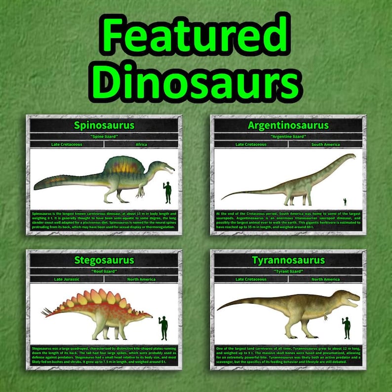 Sample of Total Dino's 2027 calendar featured dinosaurs, including Spinosaurus, Argentinosaurus, Stegosaurus, and Tyrannosaurus rex