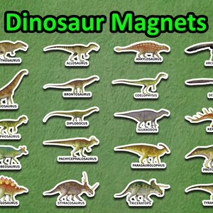 May include: A set of 16 colorful dinosaur magnets featuring different species names. The magnets are white with black outlines and feature illustrations of dinosaurs on a green background.