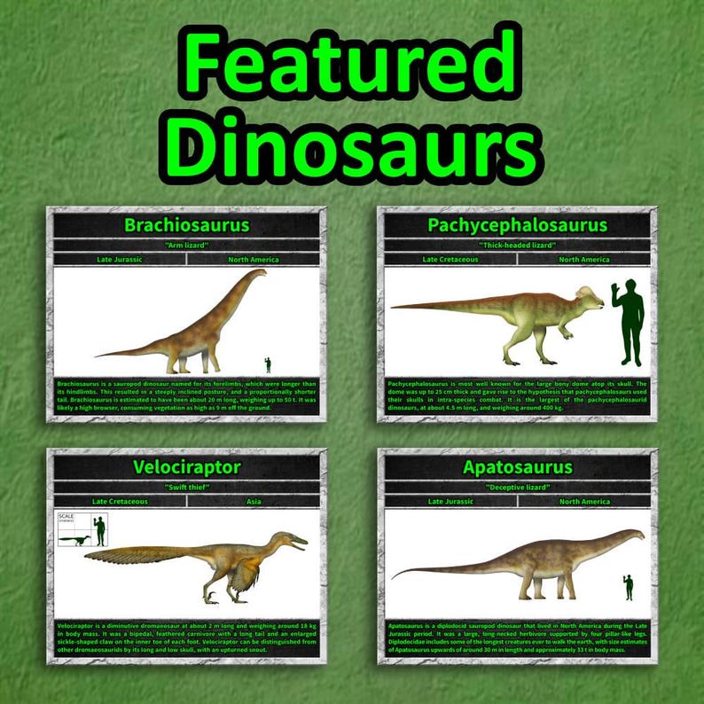 Sample of Total Dino's 2027 calendar featured dinosaurs, including Brachiosaurus, Pachycephalosaurus, Velociraptor, and Apatosaurus