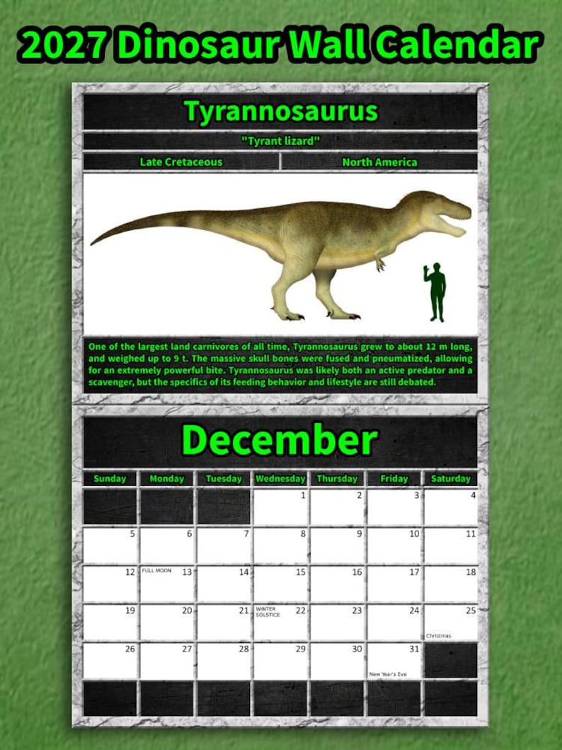2027 Dinosaur Wall Calendar cover with original paleoart of a Tyrannosaurus rex by Total Dino
