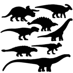 May include: Silhouettes of various dinosaurs, including a Triceratops, Stegosaurus, Brachiosaurus, and Tyrannosaurus Rex. The dinosaurs are black against a white background.