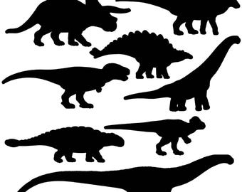 May include: Silhouettes of various dinosaurs, including a Triceratops, Stegosaurus, Brachiosaurus, and Tyrannosaurus Rex. The dinosaurs are black against a white background.