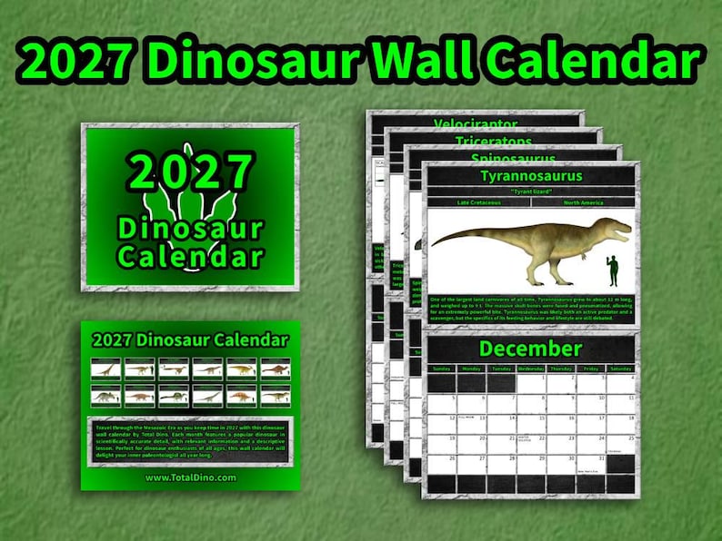 2027 Dinosaur Wall Calendar cover with original paleoart of a Tyrannosaurus rex by Total Dino