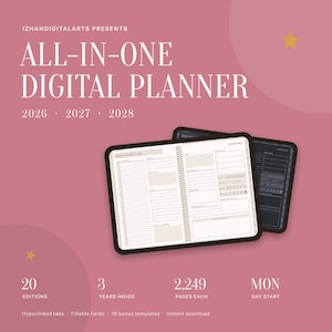 Może przedstawiać: Cyfrowy planer typu wszystko w jednym na lata 2026, 2027 i 2028 na brudnoróżowym tle. Planer posiada układ spiralny z hiperłączami, pola do wypełnienia, 20 edycji, po 2249 stron każda oraz początek tygodnia w poniedziałek.