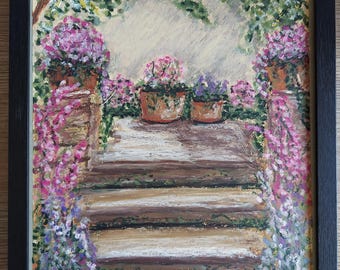 Original Garden Stairs Painting - Oil Pastel - 9x12 inches framed - Signed