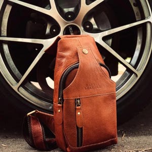 Handcrafted Bison Leather Light brown Crossbody Bag: Full-Grain bison Sling, Christmas gift for him Reddish Brown