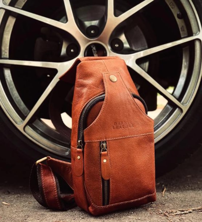 Handcrafted Bison Leather Light brown Crossbody Bag: Full-Grain bison Sling, Christmas gift for him Reddish Brown