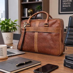 Peut inclure: Une mallette en cuir marron dotée de deux poignées supérieures, d'une bandoulière amovible avec des ferrures couleur laiton et d'une bande de cuir verticale sur le devant. Le sac a une forme rectangulaire avec des coutures et une fermeture éclair.