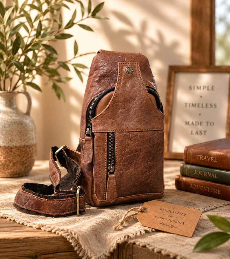 May include: A brown leather sling bag featuring a vertical zippered front pocket, a top flap with a metal snap button, and an adjustable strap. A rectangular cardboard tag is attached, printed with the text HANDCRAFTED for EVERY JOURNEY.