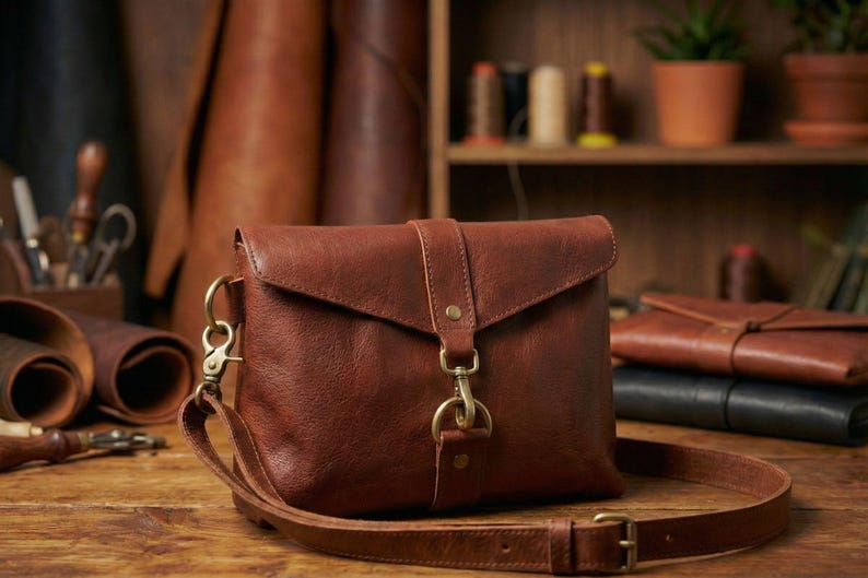 Brown bison leather crossbody sling bag with flap, adjustable strap and brass ring buckle—handmade leather bag.