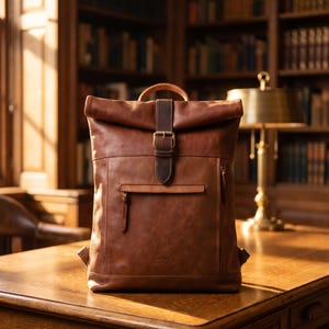 May include: A brown leather roll-top backpack featuring a central vertical strap with a metal buckle closure, a horizontal zippered front pocket with leather pull tabs, and a top carry handle. The leather has a smooth, matte finish.